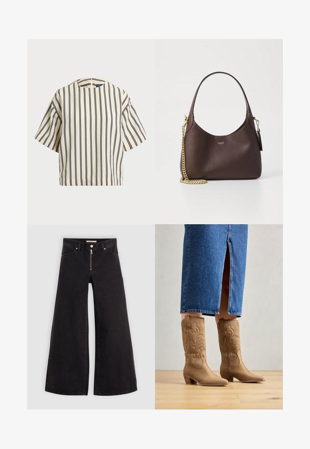 Kratek rokav, prugast top v kremni in mornarsko modri barvi, z okroglim izrezom in kvadratnim dizajnom ter teksturirano tkanino.; Široke traperice iz črnega denima z zadrgo spredaj, petimi žepi in diskretnimi šivi. Gladka tekstura in ležeren slog.; Rjave čevlje v zahodnem slogu z dekorativnim šivanjem, koničastim prstom in zloženim peto. Oblečeni so z krilom iz denima do kolen, ki razkriva čevlje.; COACH BROOKLYN SHOULDER BAG 23 - Torbica - maple