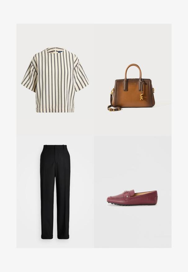 Kortærmet, stribet top i creme og marineblå, med rund halsudskæring og boxy design i et tekstureret stof.; Polo Ralph Lauren HIGH RISE RELAXED STRAIGHT TROUSER - Bukser - black; Bordeaux læder loafers med rund tå, dekorativ rem, sølvfarvet hardware og tekstureret gummisål for godt greb.; Brun læder håndtaske med dobbelt topremme, en aftagelig skulderrem, guldfarvet hardware og en dekorativ charm med bogstaverne "MK."