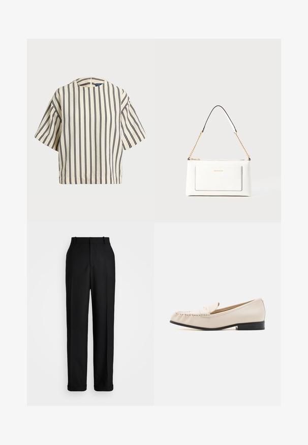 Korte mouwen, gestreepte top in crème en marineblauw, met een ronde halslijn en een boxy ontwerp van een textuurstof.; Polo Ralph Lauren HIGH RISE RELAXED STRAIGHT TROUSER - Broek - black; MICHAEL Michael Kors CARLSON LOAFER - Instappers - light cream; Witte leren handtas met een textuurafwerking, voorzien van een gouden schouderhengsel en zwarte accenten. Inclusief een voorvak en ritssluiting.
