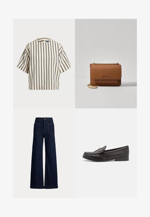 Kreemjas ja tumesinises triibuline lühikeste varrukatega top, millel on ümmargune kaelus ja kastmine disain, valmistatud tekstuurses kangas.; Laiad tumed sinised teksapüksid kõrgema vöökohaga, viie tasku disainiga ja kontrastsete õmblustega. Omab nööbiga sulgemist ja struktureeritud lõiget.; Mustvalge nahast lohistav king, millel on tekstureeritud pind, ümmargune nina ja dekoratiivne õmblusdetail. Omab lapikut kontsa ja libisevat disaini.; Pruun tekstureeritud nahk ristkeha kott kuldse ahelaga rihmaga ja klapiga sulgemine. Esiküljel on logo detail ja tasku klapi all.