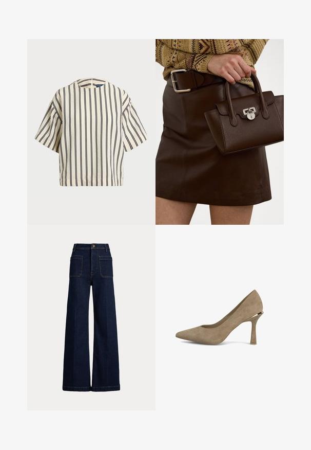 Kurzärmliges, gestreiftes Oberteil in Creme und Marineblau, mit rundem Halsausschnitt und kastiger Form aus strukturiertem Stoff.; Weite, dunkelblaue Jeans mit hohem Bund, Fünf-Taschen-Design und kontrastierenden Nähten. Sie verfügt über einen Knopfverschluss und eine strukturierte Form.; Beige Wildleder-Pumps mit Absatz, spitz zulaufend und mit einem einzigartigen geometrischen Absatz. Glatte Textur mit minimalen Nähdetails.; Braune Lederhandtasche mit strukturiertem Finish und silbernen Beschlägen, gehalten mit einer Hand neben einem braunen Lederrock und einem gemusterten Pullover.