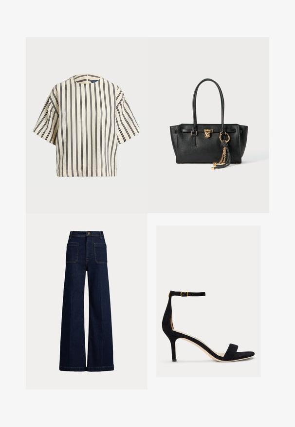 Kreklus, svītrainā blūze ar īsām piedurknēm, krēmkrāsā un tumši zilā tonī, ar apaļu apkakli un kvadrātveida dizainu, izgatavota no teksturētas auduma.; Platām kājām tumši zilas džinsu bikses ar augstu jostasvietu, piecu kabatu dizainu un kontrastējošu šuvi. Iekļauj poga aizdari un strukturētu formu.; Lauren Ralph Lauren ALLIE MID HEEL SUEDE SANDAL - Sandales - black; Melnas ādas rokassomu ar divām rokturiem, zelta slēdzi un ķēdes detaļu, kā arī melnbaltu pušķa aksesuāru uz balta fona.