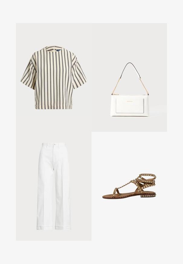Korte mouwen, gestreepte top in crème en marineblauw, met een ronde halslijn en een boxy ontwerp van een textuurstof.; Witte wijde broek met een hoge taille, voorzien van een knoopsluiting en subtiele stiksels. Gemaakt van katoen met een gladde textuur.; Bruine platte sandalen met meerdere banden en gouden studs. Heeft een platte zool en decoratieve hardware langs de randen.; Witte leren handtas met een textuurafwerking, voorzien van een gouden schouderhengsel en zwarte accenten. Inclusief een voorvak en ritssluiting.