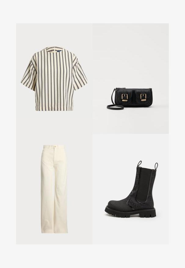 Cămașă cu mâneci scurte, cu dungi în nuanțe de crem și bleumarin, având un decolteu rotund și un design dreptunghiular dintr-un material texturat.; Polo Ralph Lauren COTTON CORDUROY WIDE-LEG PANT - Pantaloni - warm white; Botine negre până la gleznă, cu un superior texturat și litere embosate, panouri laterale elastice și o talpă din cauciuc chunky cu un profil robust.; Geantă neagră din piele, tip crossbody, cu două buzunare frontale, catarame aurii, închidere cu fermoar și o curea subțire. Suprafață texturată și formă rectangulară compactă.