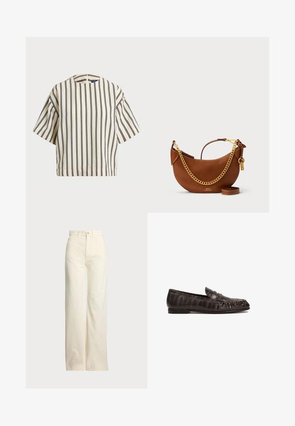 Top de manga corta a rayas en crema y azul marino, con cuello redondo y un diseño cuadrado, confeccionado en una tela texturizada.; Polo Ralph Lauren COTTON CORDUROY WIDE-LEG PANT - Pantalones - warm white; Mocasines de cuero negro con un patrón texturizado similar al cocodrilo, puntera redondeada y un pequeño tacón plano. Banda decorativa a lo largo de la parte superior.; Bolso de mano de piel marrón con un diseño curvado, correa de cadena dorada, bolsillo interior y una correa de hombro desmontable. Presenta costuras en contraste.