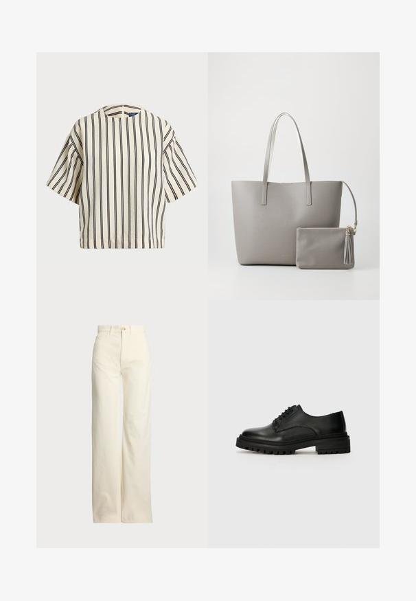 Kreminės ir tamsiai mėlynos juostelės trumpų rankovių marškinėliai, turi apvalų iškirpimą ir dėžutės tipo dizainą, pagaminti iš tekstūruotos medžiagos.; Polo Ralph Lauren COTTON CORDUROY WIDE-LEG PANT - Kelnės - warm white; Juodasis odinis oksfordo stilius batelis su apvaliu priekiu, raišteliais užsegimas ir tekstūruotas guminis padas su guminiais raštais, užtikrinančiais sukibimą.; Pilka sintetinio audinio rankinė su dviem ilgais laikikliais ir atitinkama mažąja užtraukiama kišenėle, papuošta kutu. Lygi tekstūra su subtiliu raštu.