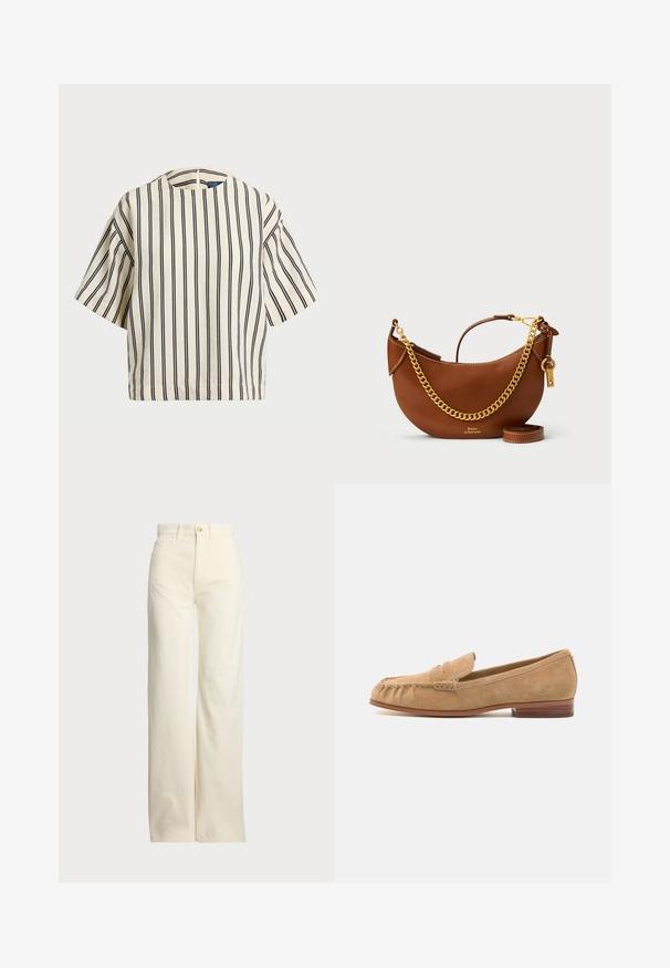 Kurzärmliges, gestreiftes Oberteil in Creme und Marineblau, mit rundem Halsausschnitt und kastiger Form aus strukturiertem Stoff.; Polo Ralph Lauren COTTON CORDUROY WIDE-LEG PANT - Stoffhose - warm white; Wildleder-Loafer in hellbeige mit runder Zehenpartie, vorderer Riemenakzent und niedrigem Holzabsatz. Glatte Textur und minimale Nähdetails.; Braune Lederhandtasche mit geschwungenem Design, goldener Kettenriemen, Innentasche und abnehmbarem Schulterriemen. Mit kontrastierenden Nähten.