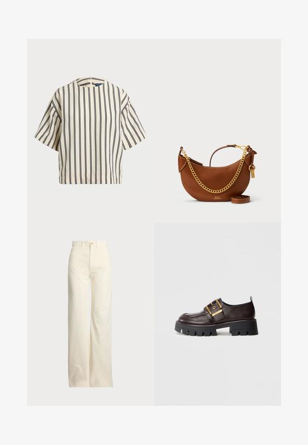 Short-sleeve, striped top in cream and navy, featuring a round neckline and boxy design with a textured fabric.; Polo Ralph Lauren COTTON CORDUROY WIDE-LEG PANT - Trousers - warm white; Brown leather shoe with a chunky black sole, features a large gold buckle and smooth texture, designed with a rounded toe.; Brown leather handbag with a curved design, gold chain strap, interior pocket, and a detachable shoulder strap. Features contrasting stitching.