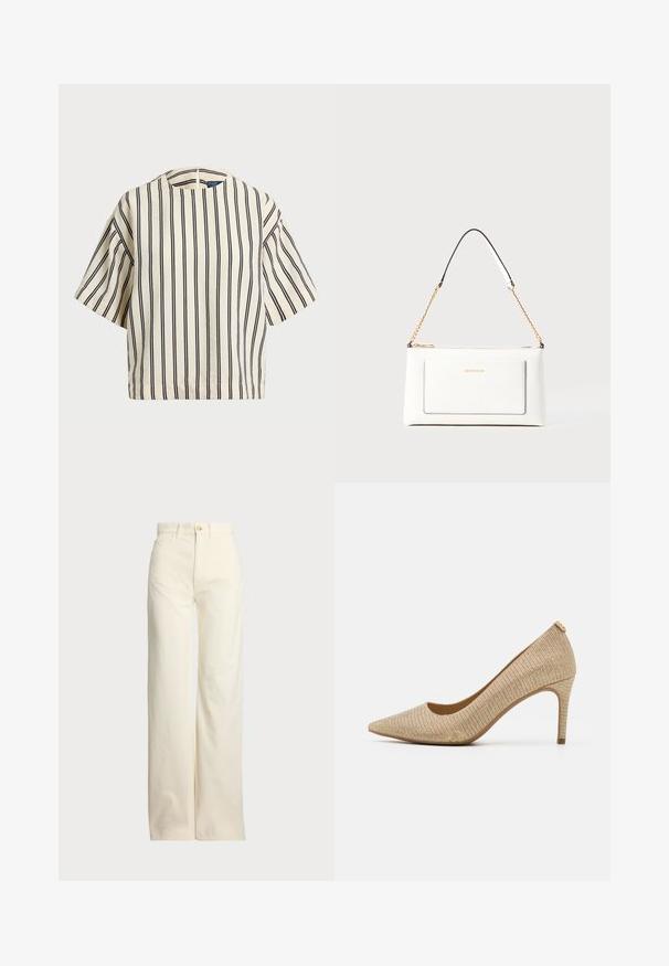Top a maniche corte a righe in crema e blu navy, con scollatura rotonda e design squadrato, realizzato in un tessuto texturizzato.; Polo Ralph Lauren COTTON CORDUROY WIDE-LEG PANT - Pantaloni - warm white; Tacchi alti beige a punta con tomaia in tessuto texture, tacco sottile e un leggero effetto lucido per un tocco di dettaglio in più.; Borsa a tracolla bianca in pelle con un finish testurizzato, dotata di una tracolla in catena dorata e accenti neri. Include una tasca frontale e una chiusura con zip.; Orecchini a cerchio in metallo color oro con forma curva ed allungata. Presentano una superficie liscia e lucida e una punta arrotondata per un tocco di dettaglio in più.