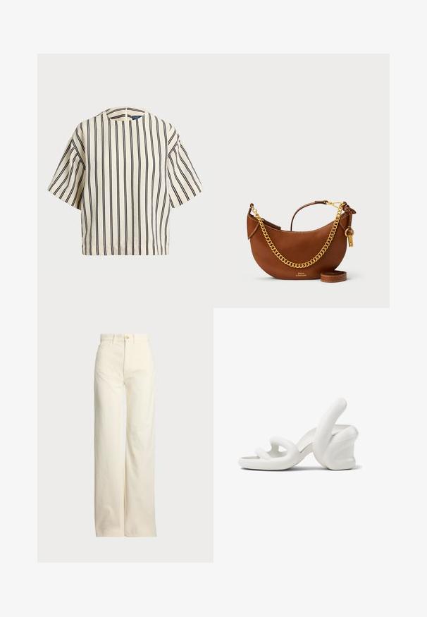 Kortärmad randig topp i krämfärgad och marinblå, med rund halsringning och fyrkantig design i en texturerad tyg.; Polo Ralph Lauren COTTON CORDUROY WIDE-LEG PANT - Tygbyxor - warm white; Vita skulpturala högklackade sandaler med en vågig design, slät textur och en tjock klack formad som en hand.; Brun läderhandväska med en böjd design, guldkedjesnor, innerväska och ett avtagbart axelband. Har kontrasterande sömmar.