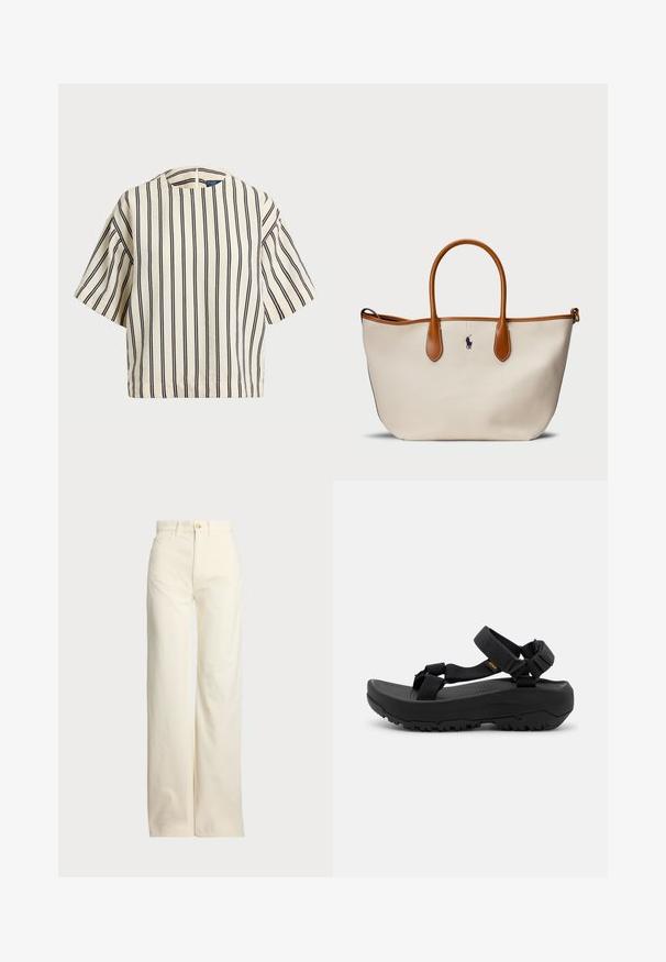 Short-sleeve, striped top in cream and navy, featuring a round neckline and boxy design with a textured fabric.; Polo Ralph Lauren COTTON CORDUROY WIDE-LEG PANT - Trousers - warm white; Black sports sandals feature adjustable straps, a textured sole for grip, and a chunky profile for comfort and stability. Lightweight material used.; Canvas tote bag in cream with brown leather accents and handles. Features a blue logo on the front, structured shape, and open top.
