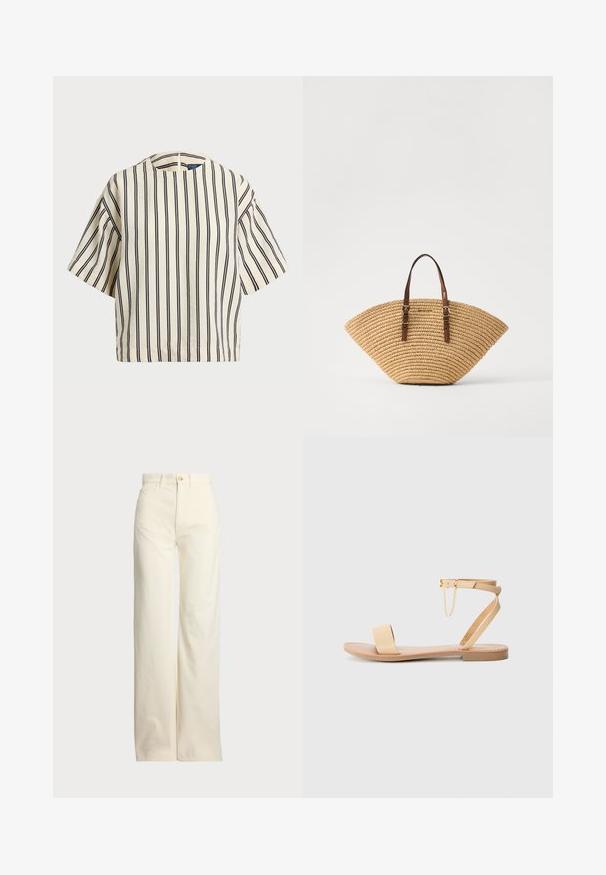 Lyhythihainen, raidallinen paita kirkas- ja tummansinisen sävyissä, jossa on pyöreä pääntie ja laatikkomainen muotoilu tekstuuritetussa kankaassa.; Polo Ralph Lauren COTTON CORDUROY WIDE-LEG PANT - Housut - warm white; Beige tasapohjaiset sandaalit, joissa on leveä vyö, nilkkavyö soljella ja koristeellinen ketju. Sileä nahkamainen pinta ja tasapohja.; Olkalaukku oljesta tuulettimen muotoisena, ruskeilla nahkakahvoilla ja teksturoidulla kudonnalla. Luonnollinen ruskea sävy, sileä pinta ja minimaalinen korostus.