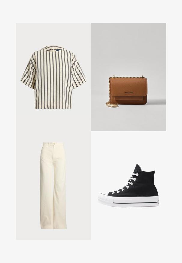 Kreklus, svītrainā blūze ar īsām piedurknēm, krēmkrāsā un tumši zilā tonī, ar apaļu apkakli un kvadrātveida dizainu, izgatavota no teksturētas auduma.; Polo Ralph Lauren COTTON CORDUROY WIDE-LEG PANT - Auduma bikses - warm white; Augstie melnie kanvas sporta apavi ar baltām acs caurumiem, auklām un gumijas zoli. Iespējamais teksturēts purngals un melnbaltas svītras.; Brūna teksturēta ādas plecu soma ar zelta ķēdes siksnu un atloka aizdari. Priekšpusē ir logotipa detaļa un kabata zem atloka.