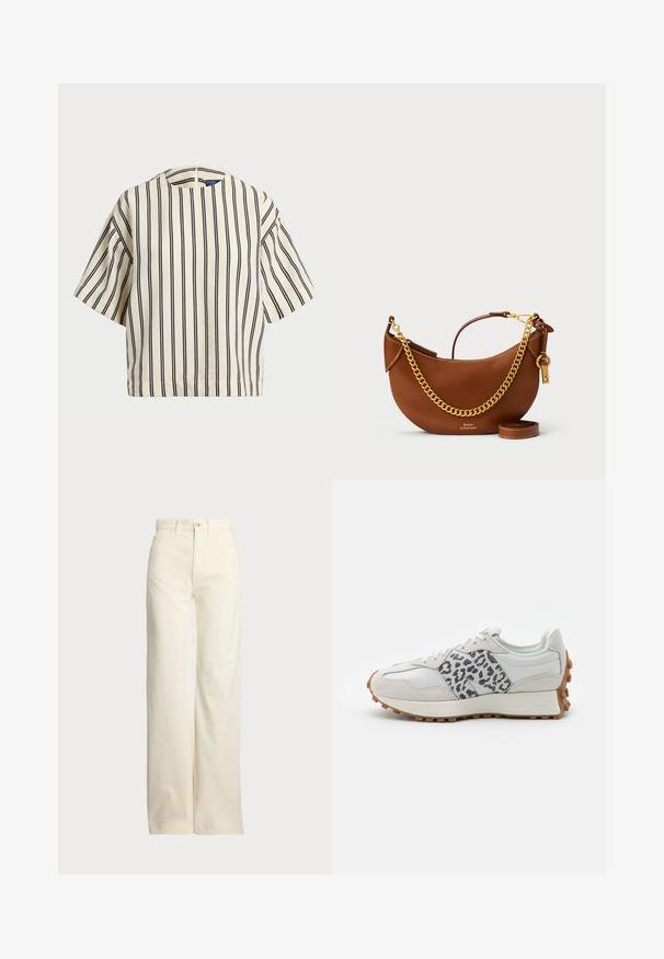 Krótki rękaw, paskowana bluzka w kolorze kremowym i granatowym, z okrągłym dekoltem i pudełkowym krojem, wykonana z fakturowanej tkaniny.; Polo Ralph Lauren - Spodnie materiałowe; Białe sneakersy z szarymi akcentami w leopardzie, wykonane z zamszu i skóry, z teksturowaną podeszwą i gumową podeszwą zewnętrzną, okrągłym noskiem oraz sznurowanym fasonem.; Brązowa skórzana torebka o zaokrąglonym kształcie, z złotym łańcuszkiem, wewnętrzną kieszenią oraz odczepianym paskiem na ramię. Posiada kontrastowe przeszycia.