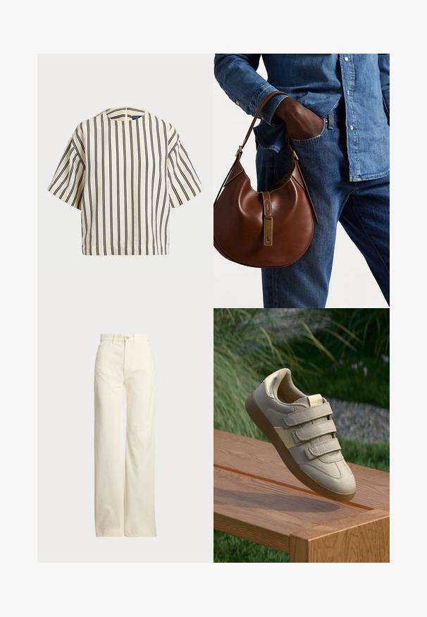 Cămașă cu mâneci scurte, cu dungi în nuanțe de crem și bleumarin, având un decolteu rotund și un design dreptunghiular dintr-un material texturat.; Polo Ralph Lauren COTTON CORDUROY WIDE-LEG PANT - Pantaloni - warm white; Adidași bej cu trei curele Velcro, material neted din microfibră de suede, vârf rotund și talpă din gumă, expuși pe o suprafață din lemn.; Geantă hobo din piele maro, cu o formă rotunjită, având un accent din hardware aurie și cusături în contrast. Asortată cu o cămașă din denim și blugi.