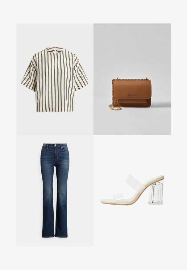 Kurzärmliges, gestreiftes Oberteil in Creme und Marineblau, mit rundem Halsausschnitt und kastiger Form aus strukturiertem Stoff.; Dunkelblaue Jeans mit hoher Taille und Bootcut-Schnitt, vorne mit Knöpfen und Taschen, leichte Verfärbungen an Oberschenkeln und Kniebereichen, auf weißem Hintergrund präsentiert.; Klare Absätze Sandalen mit transparenten Riemen, einem beigen Fußbett und einem klobigen klaren Blockabsatz. Elegantes und glattes Design mit einem minimalistischen Ästhetik.; Braune strukturierte Ledertasche mit goldener Kettenriemen und Klappenverschluss. Die Vorderseite zeigt ein Logo-Detail und eine Tasche unter der Klappe.