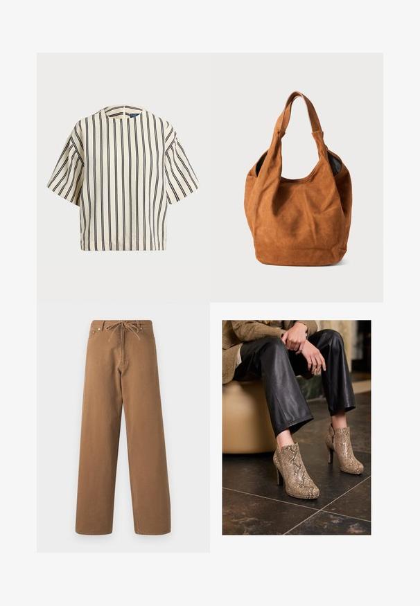 Kratek rokav, prugast top v kremni in mornarsko modri barvi, z okroglim izrezom in kvadratnim dizajnom ter teksturirano tkanino.; Rjave hlače širokega kroja, izdelane iz bombaža, z elastičnim pasom na vrvico in dvema sprednjima žepoma. Tekstura blaga z gladko površino.; Oseba v črnih usnjenih hlačah in bež visokih čevljih z vzorcem kače, sedeča na bež sedežu v notranjosti.; Rjava semiš torba za ramo z mehkobo, ukrivljeno obliko in dvema ročajema. Ima minimalen dizajn brez vidnih kovinskih delov ali okrasnih elementov.