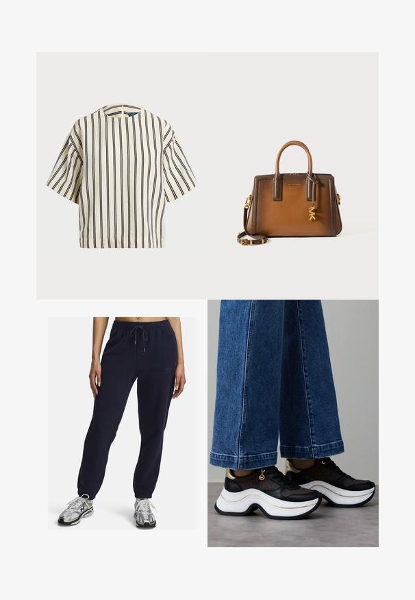 Short-sleeve, striped top in cream and navy, featuring a round neckline and boxy design with a textured fabric.; Navy blue fleece joggers with elastic waistband, drawstring, and cuffed ankles. Features a subtle embroidered logo on the side.; Black and gold sneakers with a curved white sole. Textured fabric with logo accents. Paired with wide blue denim pants.; Brown leather handbag featuring dual top handles, a detachable shoulder strap, gold hardware, and a decorative charm with the letters "MK."