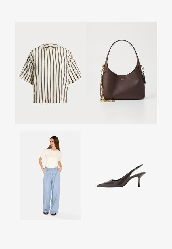 Korte mouwen, gestreepte top in crème en marineblauw, met een ronde halslijn en een boxy ontwerp van een textuurstof.; Lichtblauwe wijde broek met een trekkoord in de taille en zijzakken. Gepaard met een witte T-shirt met gegolfde onderrand en korte mouwen. Zwarte platform sandalen.; Puntige slingback hakken in donkerbruin lakleer, met een slanke hoge hak en een verstelbare enkelband met een gesp.; COACH BROOKLYN SHOULDER BAG 23 - Handtas - maple