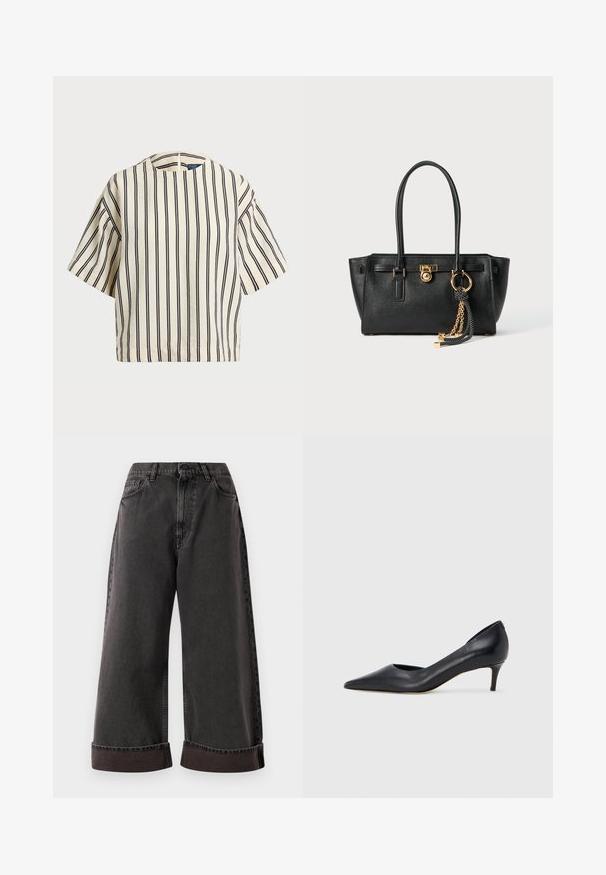 Short-sleeve, striped top in cream and navy, featuring a round neckline and boxy design with a textured fabric.; Black wide-leg jeans with rolled cuffs, front button and zipper closure, and side and front pockets.; Black leather pump with a pointed toe and low heel. Features a smooth texture and subtle sheen. Open cut at the front for added detail.; Black leather handbag with double handles, gold lock and chain detail, and black-and-white tassel accessory against white background.