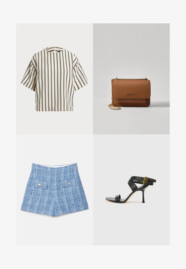 Kurzärmliges, gestreiftes Oberteil in Creme und Marineblau, mit rundem Halsausschnitt und kastiger Form aus strukturiertem Stoff.; Blaue Tweed-Shorts mit einer strukturierten Oberfläche, ausgestattet mit zwei Vordertaschen mit goldenen Knöpfen und einem eleganten, taillierten Schnitt.; Schwarze Absatzsandale mit gekreuzten Riemen und verstellbarem Schnallenverschluss. Sie verfügt über eine glatte Textur und einen schmalen Stiletto-Absatz.; Braune strukturierte Ledertasche mit goldener Kettenriemen und Klappenverschluss. Die Vorderseite zeigt ein Logo-Detail und eine Tasche unter der Klappe.