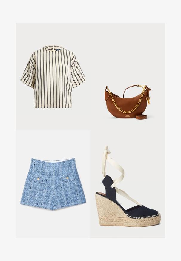 Top de manga corta a rayas en crema y azul marino, con cuello redondo y un diseño cuadrado, confeccionado en una tela texturizada.; Pantalones cortos de tweed azul con una superficie texturada, que cuentan con dos bolsillos frontales con botones dorados y un corte elegante y entallado.; Sandalia cuña de lona azul marino con suela de esparto y cintas de crema atadas al tobillo. Diseño de talón cerrado y puntera redonda.; Bolso de mano de piel marrón con un diseño curvado, correa de cadena dorada, bolsillo interior y una correa de hombro desmontable. Presenta costuras en contraste.