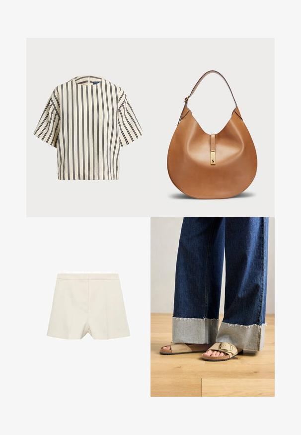 Top a maniche corte a righe in crema e blu navy, con scollatura rotonda e design squadrato, realizzato in un tessuto texturizzato.; Pantaloni corti color crema con vestibilità sartoriale, caratterizzati da una consistenza liscia, frontale piatto e pieghe discrete. Design semplice senza decorazioni.; Piedi che indossano sandali Birkenstock beige con fibbie d'oro, abbinati a jeans denim blu scuro arrotolati sulle caviglie, in piedi su un pavimento di legno.; Borsa a tracolla in pelle color cuoio dalla forma curvata e con una larga tracolla. Presenta un accento in metallo dorato al centro e una superficie liscia.