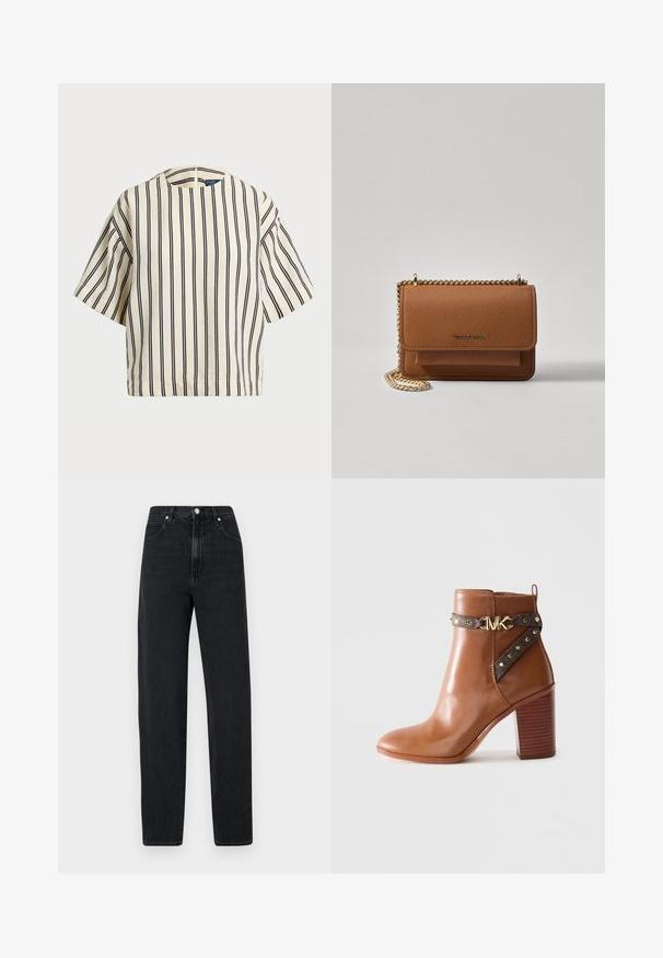 T-skjorte med korte ermer, stripet i kremfarge og marineblå, med rund hals og en boxy design i en strukturert stoff.; Sorte, rette jeans laget av denim. Har høy midje, metallknapplukking, fem lommer og subtile sømdetaljer.; Brune lær ankle boot med stablet blokhæl, sidestraps med guldnitter og en guld "MK" logo spænde.; Brun teksturert lær crossover-veske med gullkjede-stropp og klaffelukking. Fronten har logo-detalj og en lomme under klaffen.