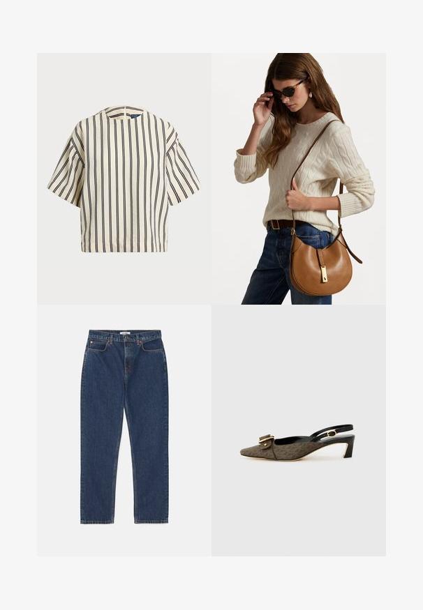 Kratki rukavi, prugasti top u krem i tamnoplavoj boji, sa okruglim izrezom i kutijastim dizajnom od teksturirane tkanine.; RE/DONE LOOSE LONG - Traperice ravnih nogavica - dark blue denim; Cipele s visokom petom, s šiljastim prstom, smešnom uzorku tkanine, zlatnom kopčom, crnom kožnom remenčiću i kratkom blok petom.; Smeđa kožna torba za rame s ovalnim oblikom i zlatnim detaljima. Model nosi krem pleteni pulover i plave traperice.