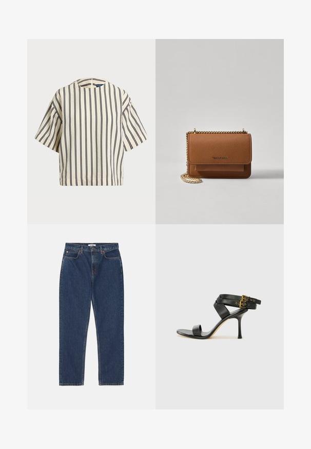 Top de manga corta a rayas en crema y azul marino, con cuello redondo y un diseño cuadrado, confeccionado en una tela texturizada.; RE/DONE LOOSE LONG - Vaqueros rectos - dark blue denim; Sandalia negra de tacón con correas cruzadas y hebilla ajustable. Presenta una textura suave y un tacón de aguja afilado.; Bolso crossbody de cuero texturizado marrón con correa de cadena dorada y cierre de solapa. La parte frontal presenta un detalle de logo y un bolsillo debajo de la solapa.