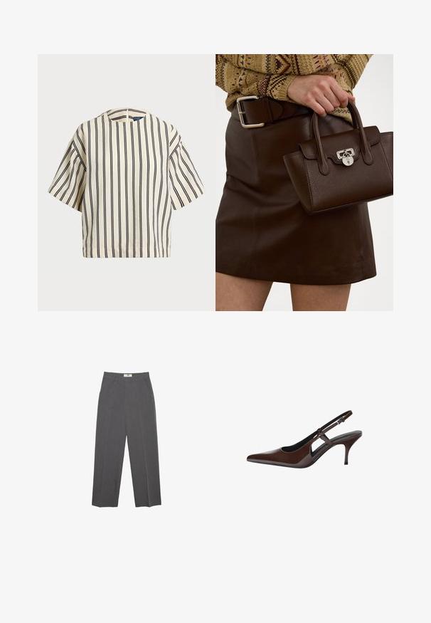 Short-sleeve, striped top in cream and navy, featuring a round neckline and boxy design with a textured fabric.; Gray straight-leg trousers made from textured fabric, featuring a mid-rise waist, belt loops, and side pockets. No visible patterns or accents.; Brown patent leather slingback pump with a pointed toe, open cutouts, and a thin heel. Features an adjustable buckle strap.; Brown leather handbag with a textured finish and silver hardware, held with a hand beside a brown leather skirt and patterned sweater.