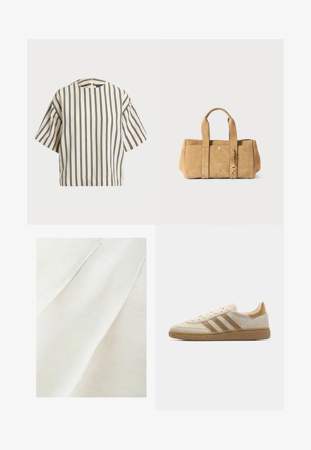 Cămașă cu mâneci scurte, cu dungi în nuanțe de crem și bleumarin, având un decolteu rotund și un design dreptunghiular dintr-un material texturat.; Țesătură textilă în nuanța albă ofuscată, cu o țesătură subtilă texturată, prezentând pliuri delicate și stropi ușori. Finisaj neted și moale.; Adidași bej din suedenă cu accente maronii deschise. Prezintă trei dungi maronii, talpă din cauciuc texturată și un design cu vârf rotund.; Geantă tote din suede bej, cu două mânere superioare, având un buzunar frontal, detalii din aur și un finisaj moale, texturat.