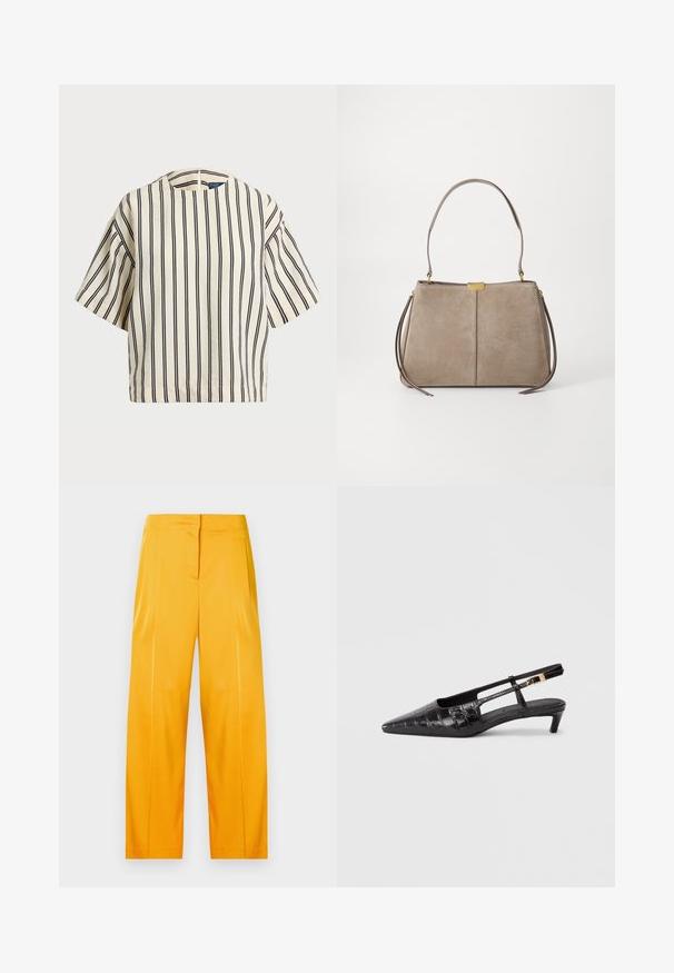 Krótki rękaw, paskowana bluzka w kolorze kremowym i granatowym, z okrągłym dekoltem i pudełkowym krojem, wykonana z fakturowanej tkaniny.; Jasnożółte spodnie o szerokich nogawkach, wykonane z gładkiego materiału, z minimalistycznym designem, posiadające przody z zakładkami i płaski pas.; Czarne skórzane buty na obcasie w kształcie szpica, z teksturą krokodyla, małym, stawianym obcasem oraz regulowanym paskiem z metalliczną klamrą.; Tommy Hilfiger - Torebka