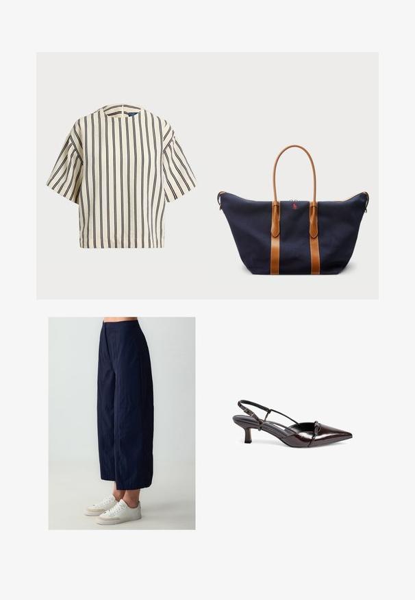 Krótki rękaw, paskowana bluzka w kolorze kremowym i granatowym, z okrągłym dekoltem i pudełkowym krojem, wykonana z fakturowanej tkaniny.; Granatowe spodnie o szerokich nogawkach, wykonane z lekkiego materiału, z wysokim stanem i zapięciem na guziki z przodu. Połączone z białymi sportowymi butami.; Brązowe lakierowane półbuty na słupku z zaokrąglonym czubkiem, małym obcasem, krzyżującymi się paseczkami oraz dekoracyjną kokardką z przodu.; Granatowa torba podróżna z płótna z beżowymi skórzanymi paskami, z zamkiem błyskawicznym oraz małym czerwonym logo na froncie, charakteryzująca się szeroką i przestronną konstrukcją.