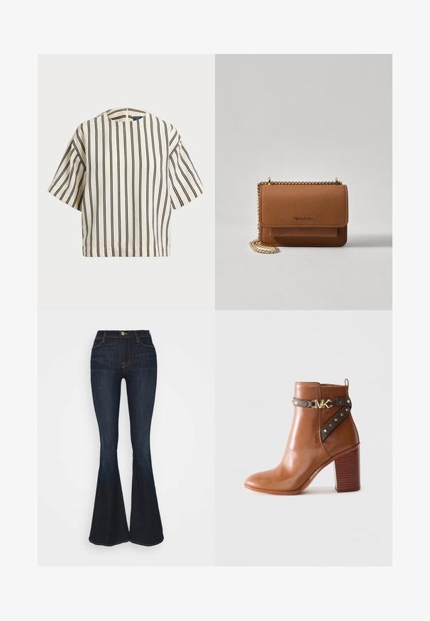 Krótki rękaw, paskowana bluzka w kolorze kremowym i granatowym, z okrągłym dekoltem i pudełkowym krojem, wykonana z fakturowanej tkaniny.; FRAME LE HIGH - Jeansy Dzwony; Brązowy skórzany botek na kostkę z piętą w kształcie bloku, boczny pasek z złotymi ćwiekami i zapięciem z logo "MK" w kolorze złotym.; Brązowa skórzana torba na ramię z teksturą, z złotym łańcuszkiem i zapięciem na klapkę. Z przodu znajduje się detal z logo oraz kieszeń pod klapką.
