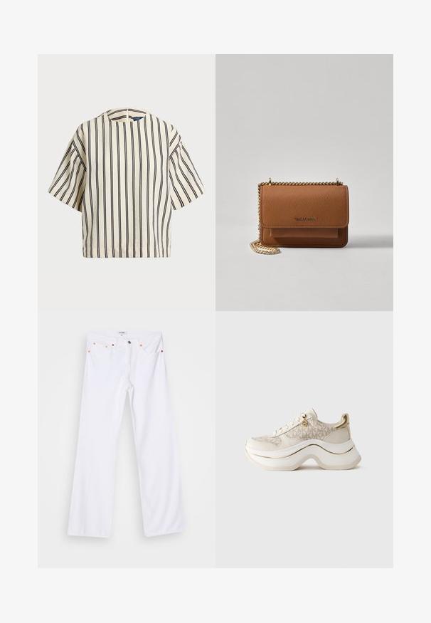 Top de manga corta a rayas en crema y azul marino, con cuello redondo y un diseño cuadrado, confeccionado en una tela texturizada.; Jeans de mezclilla blanca acampanados con costuras naranjas, cinco bolsillos y cierre de botón metálico. La superficie tiene un acabado liso y ligeramente texturizado.; Zapatilla plataforma beige y dorada con patrón de "MK", cordones en el frente, charm dorado y suela gruesa ondulada sobre fondo liso.; Bolso crossbody de cuero texturizado marrón con correa de cadena dorada y cierre de solapa. La parte frontal presenta un detalle de logo y un bolsillo debajo de la solapa.