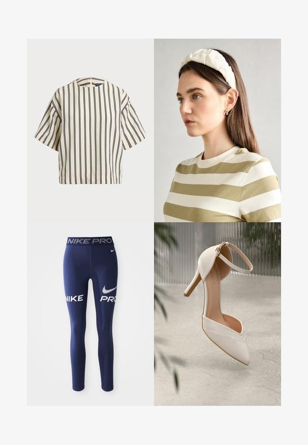 Kreminės ir tamsiai mėlynos juostelės trumpų rankovių marškinėliai, turi apvalų iškirpimą ir dėžutės tipo dizainą, pagaminti iš tekstūruotos medžiagos.; Tamsiai mėlyni sportiniai leggingai, pagaminti iš elastingos medžiagos, su "NIKE" ir "PRO" ryškiai baltais rašmenimis šonuose bei papuošta liemene.; Balti aukštakulniai bateliai iš lygios medžiagos su smailiu pirštu ir kulkšnies dirželiu. Yra šviesiai rudos spalvos vidus ir auksinės spalvos detalės.; Kremo spalvos paminkštinta galvos juosta su suktiniu dizainu, derinama su smėlio ir baltos spalvos juostelėmis marškiniais, turinčiais apvalų iškirpimą. Subtilūs papuošalų akcentai.