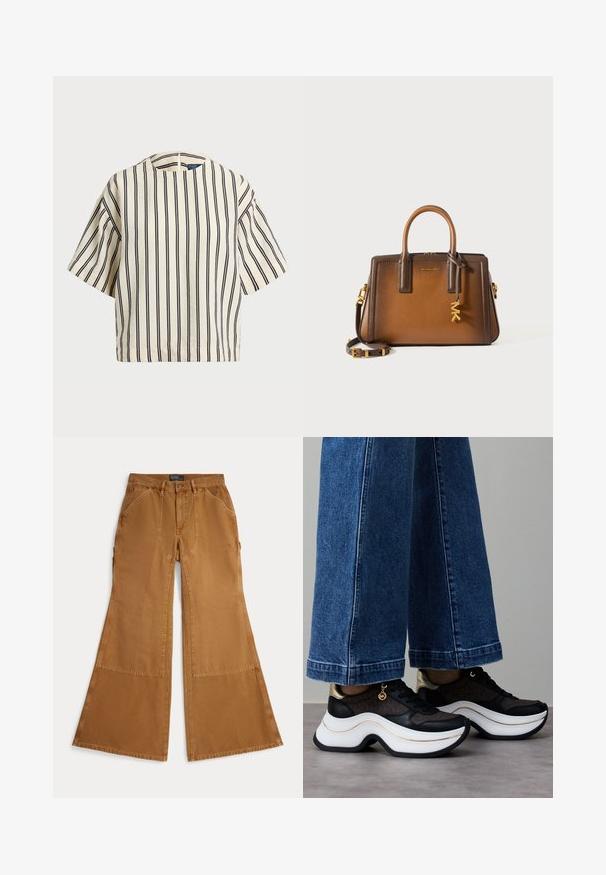 Rövid ujjú, csíkos felső krém és tengerészkék színben, kerek nyakkivágással és dobozos fazonnal, texturált anyagból.; Barna, bő szárú pamutnadrág, foltrészletekkel, gombos záródással és ferde zsebekkel az elején. Simogató tapintású, laza kialakítású.; Fekete és arany sportcipők ívelt, fehér talppal. Texturált szövet logós részletekkel. Széles, kék farmernadrággal párosítva.; Barna bőrtáska, dupla felső fogantyúkkal, levehető vállpánttal, aranyszínű kiegészítőkkel és egy díszítő charm-mal, amelyen az "MK" betűk szerepelnek.