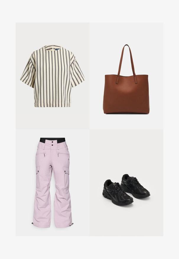 Short-sleeve, striped top in cream and navy, featuring a round neckline and boxy design with a textured fabric.; Pink snow pants with a relaxed fit, featuring multiple pockets, a wide waistband, zipper accents, and elastic cuffs at the ankles.; Black athletic shoes made of mesh and synthetic materials. Features a cushioned sole, textured patterns, and embossed branding on the side.; Brown leather tote bag with a smooth texture, open top design, and two shoulder straps. Features minimal stitching and no visible hardware.