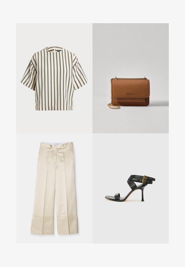 T-skjorte med korte ermer, stripet i kremfarge og marineblå, med rund hals og en boxy design i en strukturert stoff.; Beige vide bukser i glat stof med høj talje, plisseret front og foldet kant, med sidelommer og en ren finish.; Svarte hælsandaler med kryssende stropper og justerbar spenne. Har en jevn tekstur og avsmalnende stilettoklakk.; Brun teksturert lær crossover-veske med gullkjede-stropp og klaffelukking. Fronten har logo-detalj og en lomme under klaffen.
