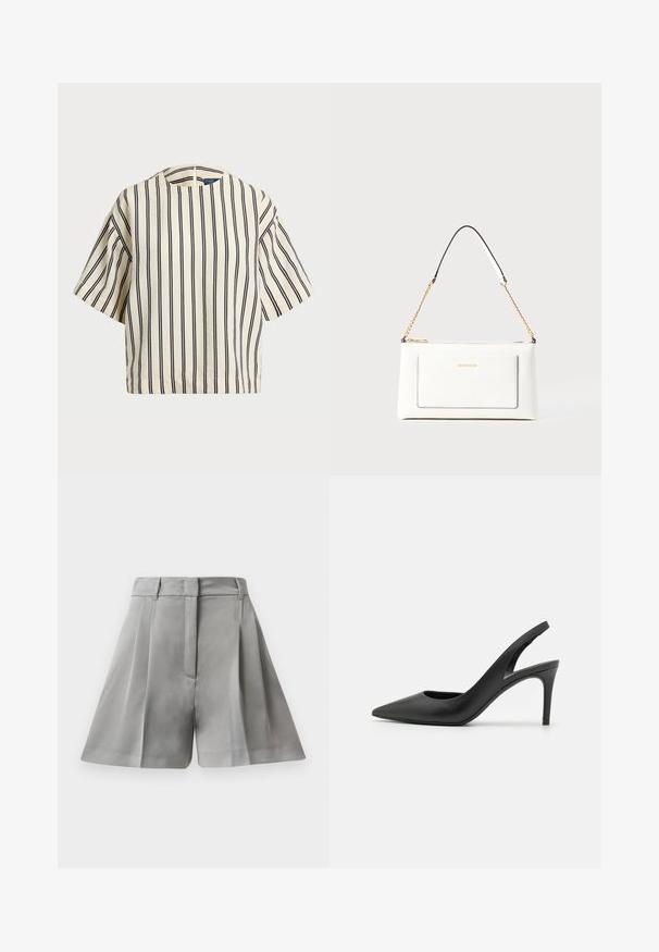 Top de manga corta a rayas en crema y azul marino, con cuello redondo y un diseño cuadrado, confeccionado en una tela texturizada.; Pantalones cortos grises con pliegues, hechos de una tela suave, que cuentan con una cintura alta, bolsillos frontales y un diseño ajustado con líneas limpias.; Zapatos de tacón alto de cuero negro con diseño de punta afilada, que presentan un corte en la parte delantera y un delgado tacón de aguja.; Bolso de mano de cuero blanco con un acabado texturizado, que cuenta con una correa de cadena dorada y acentos negros. Incluye un bolsillo frontal y cierre de cremallera.