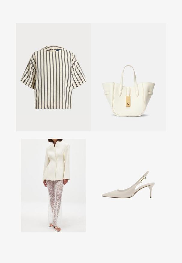 Short-sleeve, striped top in cream and navy, featuring a round neckline and boxy design with a textured fabric.; White structured blazer with sharp collar paired with long sheer lace pants featuring floral patterns and a form-fitting silhouette.; Beige leather slingback shoe with a pointed toe, thin heel, and gold hardware accents on the strap. Smooth texture throughout.; White leather tote bag with a structured shape, prominent stitching, gold hardware tag, and dual handles. Textured surface with side pockets.