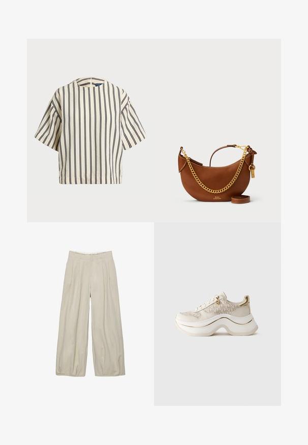 Kratek rokav, prugast top v kremni in mornarsko modri barvi, z okroglim izrezom in kvadratnim dizajnom ter teksturirano tkanino.; Bež hlače širokih nogavica z teksturo, z bočnimi gubami in prilegajočim se pasom. Brez vidnih zapiral in žepov.; Bež in zlati platformni športni copat z vzorcem "MK", zvezanjem spredaj, zlatim obeskom in debelim valovitým podplatom na enobarvnem ozadju.; Rjava usnjena torbica s ukrivljenim dizajnom, zlatim verižnim trakom, notranjim žepom in snemljivim ramenskim trakom. Ima kontrastno šivanje.