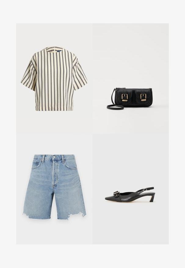 T-skjorte med korte ermer, stripet i kremfarge og marineblå, med rund hals og en boxy design i en strukturert stoff.; Lyseblå denimshorts med høy midje, som har en frynset kant, to frontlommer og et klassisk femlomme-design.; Svarte skinn slingback-sko med spiss tå, liten hæl og dekorativ spenne-detalj på overdelen. Glatt tekstur, minimalistisk design.; Svart skinn crossbody veske med to frontlommer, gyldne spenner, glidelåslukking og en slank stropp. Teksturert overflate og kompakt rektangulær form.