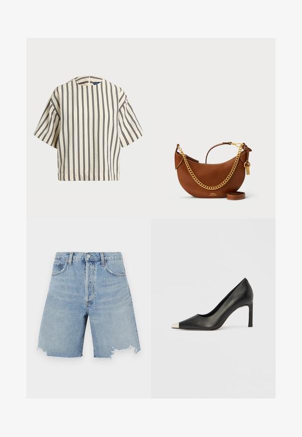 Short-sleeve, striped top in cream and navy, featuring a round neckline and boxy design with a textured fabric.; Light blue denim shorts with a high waist, featuring a frayed hem, two front pockets, and a classic five-pocket design.; Black leather high heel shoe with a pointed toe and a metallic silver cap. Features a smooth finish and a slender 10 cm heel.; Brown leather handbag with a curved design, gold chain strap, interior pocket, and a detachable shoulder strap. Features contrasting stitching.