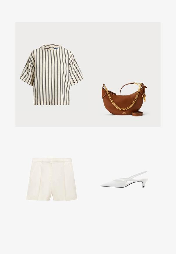 Lyhythihainen, raidallinen paita kirkas- ja tummansinisen sävyissä, jossa on pyöreä pääntie ja laatikkomainen muotoilu tekstuuritetussa kankaassa.; Kermanväriset räätälöidyt shortsit, joissa on laskokset, sileä pinta ja jämäkkä vyötärö. Edessä taskut kummallakin puolella.; Valkeat nilkkaremmikengät, joissa on terävä kärki, sileä päällinen, hienovaraiset aukot ja matala lohkopohja. Musta pohja korostaa muotoilua.; Ruskea nahkakäsilaukku, jossa on kaareva muotoilu, kultaketjuhihna, sisätasku ja irrotettava olkahihna. Ominaisuuksina on kontrastivärinen ommel.