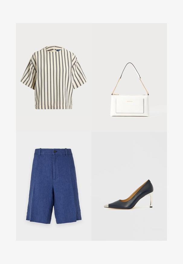 Top de manga curta, riscado em creme e azul marinho, com decote redondo e design boxy em tecido texturizado.; Calções de linho azuis com frente plana, fecho de botão e dois bolsos laterais. Apresenta um corte descontraído e uma textura suave.; Sapato elegante de salto alto em couro azul marinho com bico fino, apresentando uma ponta metálica prateada e um salto stiletto prateado brilhante.; Bolsa de mão branca em couro com acabamento texturizado, featuring a corrente dourada e detalhes pretos. Inclui um bolso frontal e fecho com zipper.