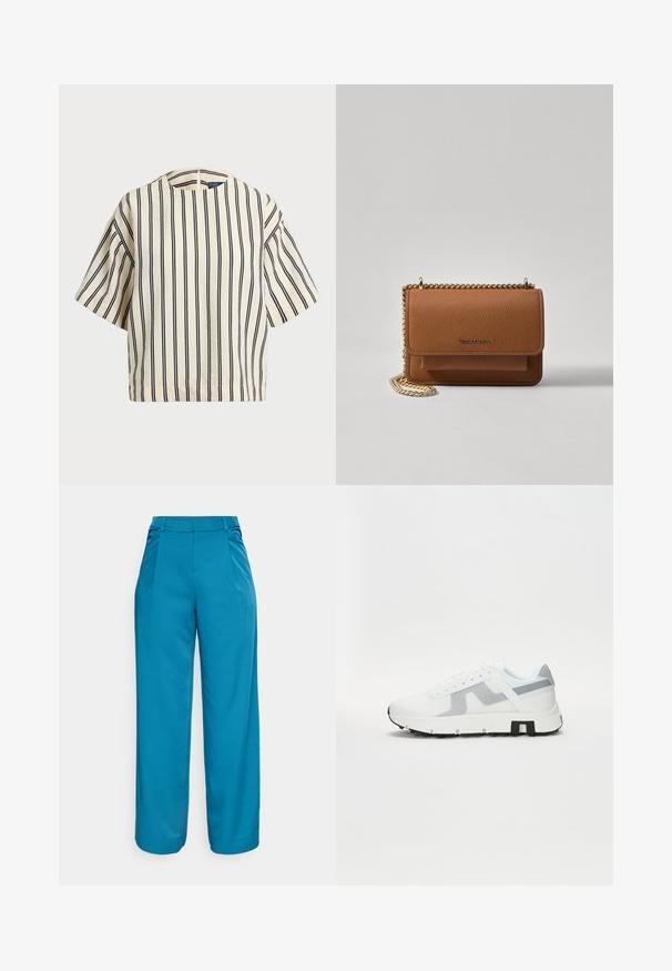 Rövid ujjú, csíkos felső krém és tengerészkék színben, kerek nyakkivágással és dobozos fazonnal, texturált anyagból.; Széles lábú nadrág élénk türkiz színben, sima anyagból készült. Elöl redők, közepes magasságú derékrész és nincsenek látható zsebek.; Fehér sportcipő szürke kiemelésekkel, textúrázott felső résszel, vastag talppal és kontrasztos fekete sarokrésszel. Fűzős kialakítás, hálós panellel.; Barna textúrájú bőr keresztbody táska arany lánc pánttal és fedélzárral. Az elején logó részlet és egy zseb található a fedél alatt.
