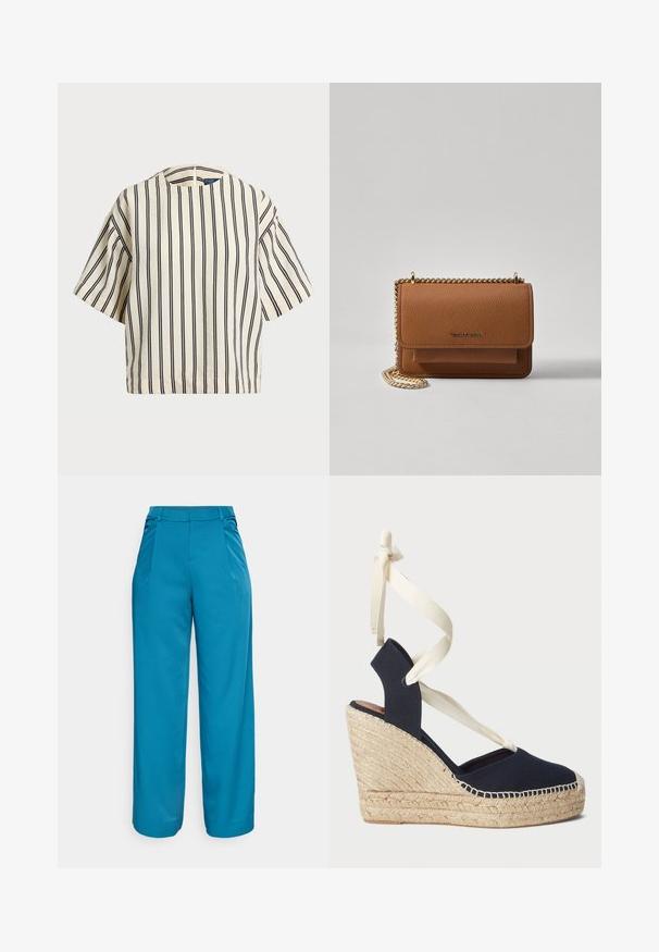 T-skjorte med korte ermer, stripet i kremfarge og marineblå, med rund hals og en boxy design i en strukturert stoff.; Vide bukser i levende teal, lavet af et glat stof. Har frontfolder, en mellemhøj talje og ingen synlige lommer.; Marine blå lærret kile sandal med jute såle og kremfargede bånd rundt ankelen. Lukket hæl og rund tå-design.; Brun teksturert lær crossover-veske med gullkjede-stropp og klaffelukking. Fronten har logo-detalj og en lomme under klaffen.
