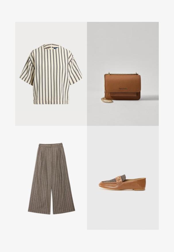 Short-sleeve, striped top in cream and navy, featuring a round neckline and boxy design with a textured fabric.; Brown plaid wide-leg trousers with a high waist, featuring vertical pinstripes, pleats, and a textured wool blend fabric.; Brown leather loafers with a textured brown fabric panel and gold hardware accent. Narrow profile and stitched detailing on the sides.; Brown textured leather crossbody bag with gold chain strap and flap closure. Front features logo detail and a pocket under the flap.